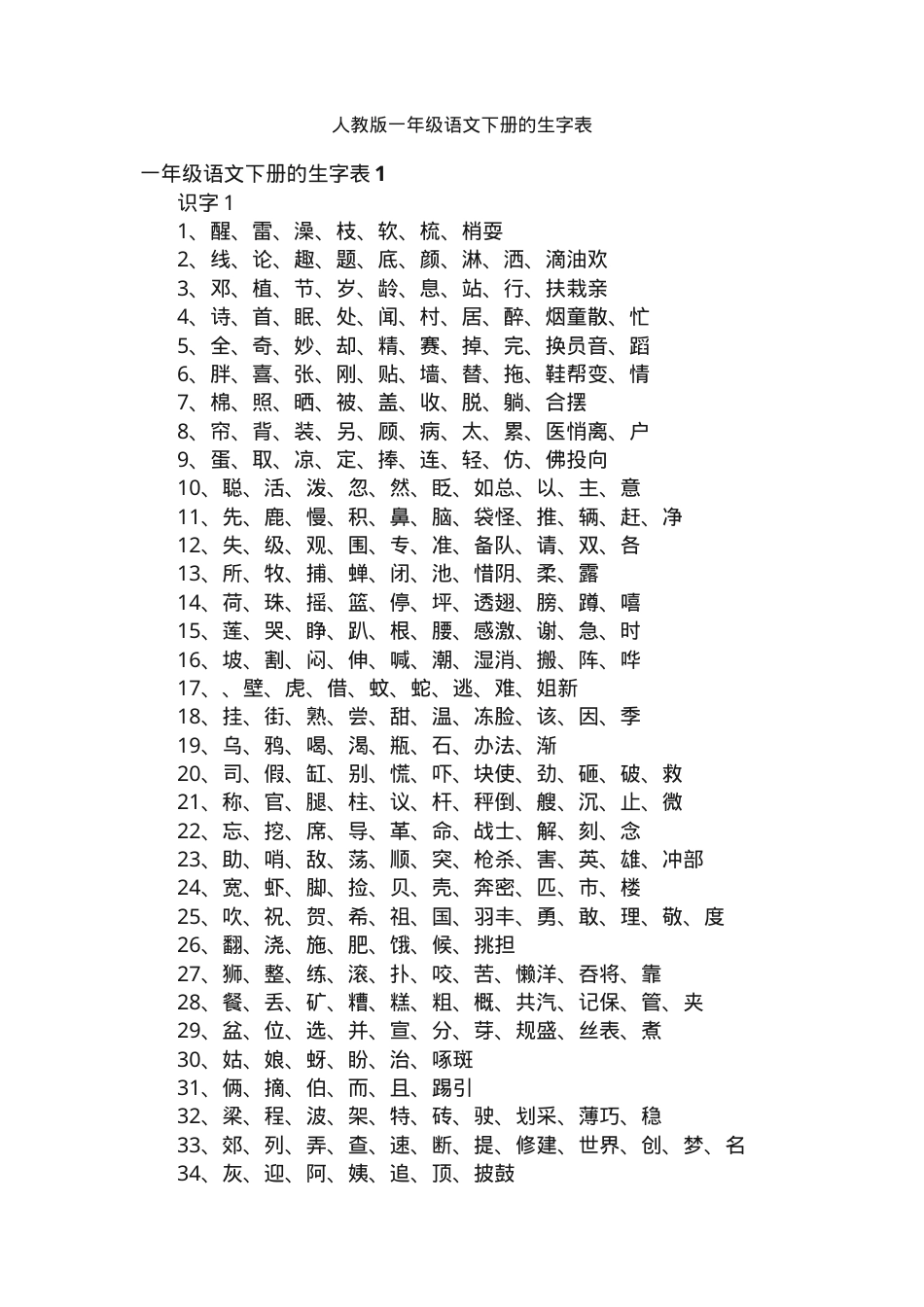 人教版一年级语文下册生字表 可打印高清版.docx_第1页