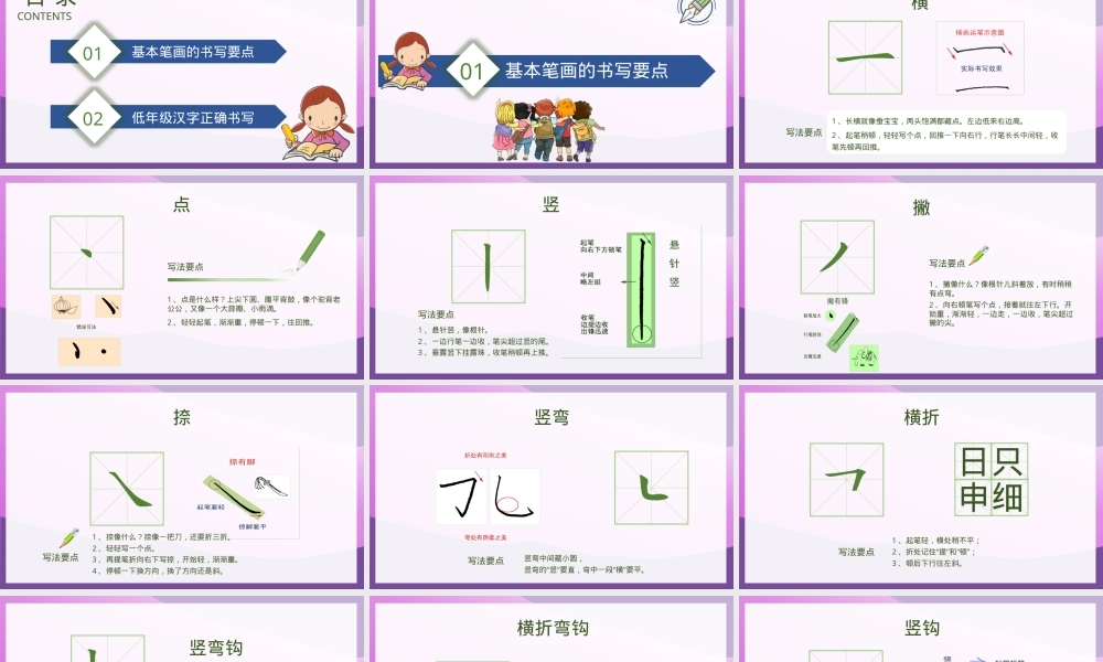 小学一年级硬笔书法入门PPT模板 硬笔书法基本笔画书写要点培训.pptx
