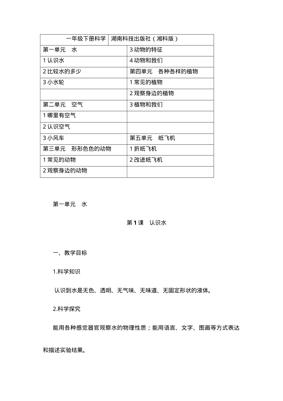 湘科版一年级科学下册教案 教学设计可打印.docx_第1页