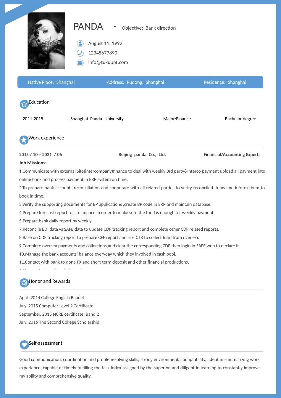 会计英文求职简历Word模板蓝色简洁风可编辑下载.docx_第1页