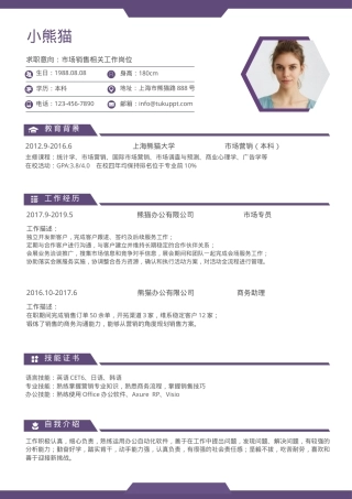 市场销售求职简历Word模板经典紫色风可编辑下载.docx