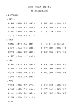 上海一年级语文下册各单元复习要点.docx