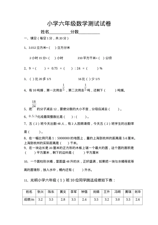六年级数学测试卷附答案.docx