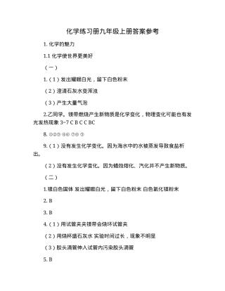 九年级化学上册练习册答案参考.docx