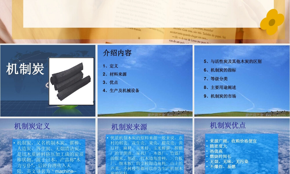 机制炭的定义、材料来源、优点、生产及机械设备、与活性炭其他木炭的区别、指标、等级分类、主要用途、市4.ppt