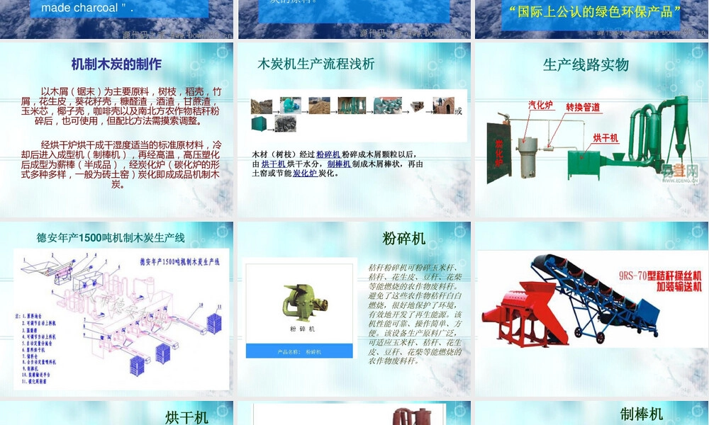 机制炭的定义、材料来源、优点、生产及机械设备、与活性炭其他木炭的区别、指标、等级分类、主要用途、市4.ppt