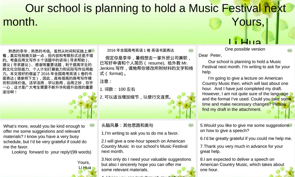 假如你是李华-你学校在6月份举办音乐艺术节-你要做一个关于美国乡村音乐的讲座-现给Peter写一封短信-.ppt